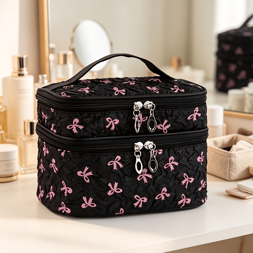 TEMU Women's Large Capacity Travel Toiletry Bag With Sweet Bow Pattern & Multi-compartment - Suitable For, Skincare, Storage, Hygiene For Daily Use,,