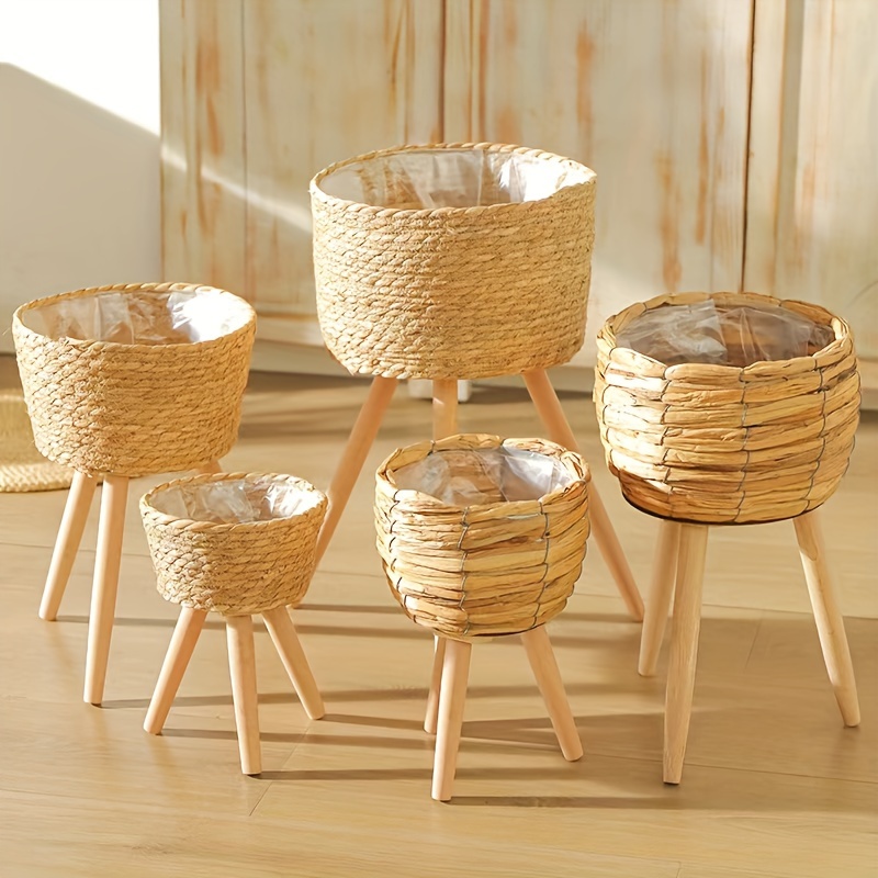 

1pc, Style Plant Basket Decor, Woven Rattan With Wooden Legs, Indoor Balcony Flower Stand, Decorative Wicker Baskets, Sizes (7.09in/11.42in/19.69in)