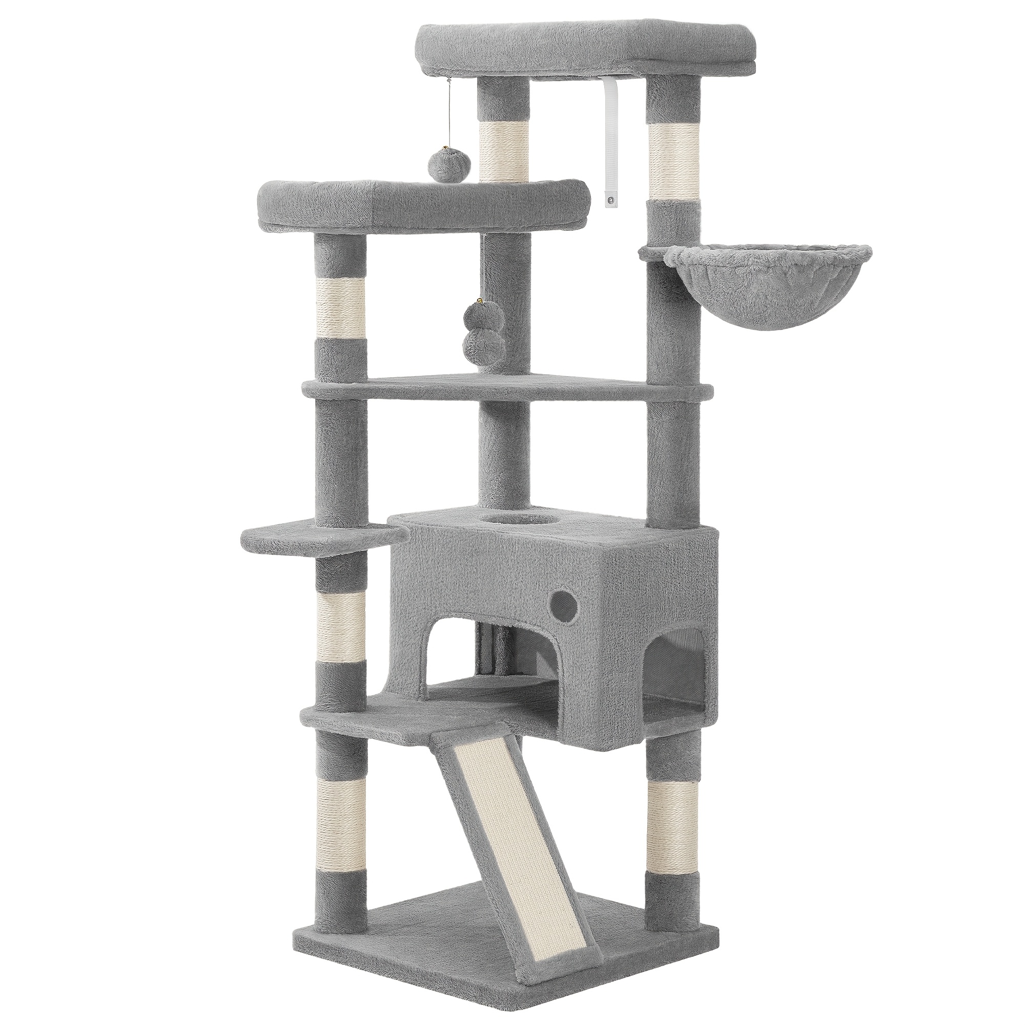 Cat Tree/cat Climbing Frame, 153cm Tall, Spacious And Sturdy, Equipped With 6 Scratching Posts, 1 Comfortable Large Cat House, 3 Large Platforms, Cat Bed, Pom-poms, And Scratching Post