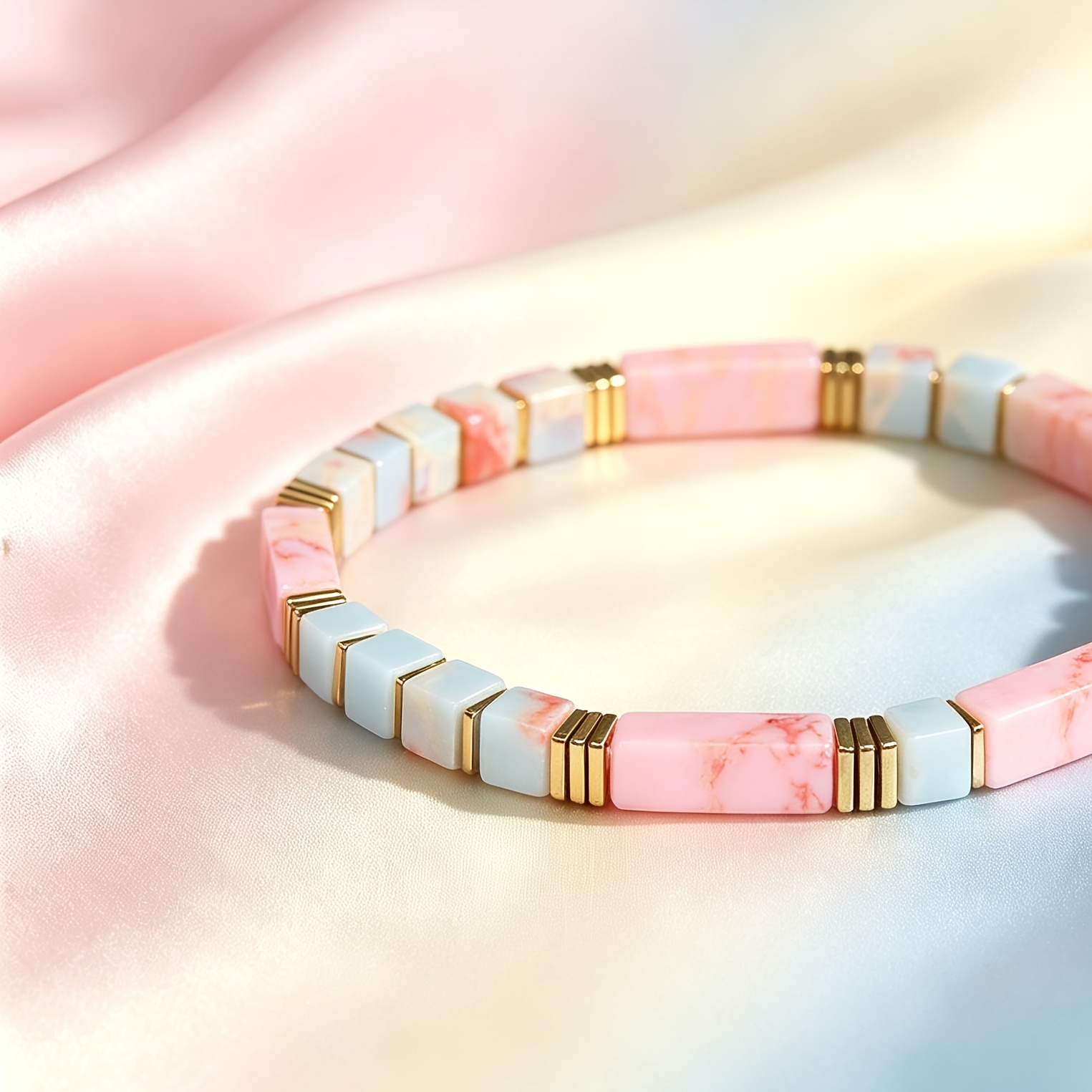 LINEARGEMS Natural Rhodonite & Agalmatolite Beaded Bracelet