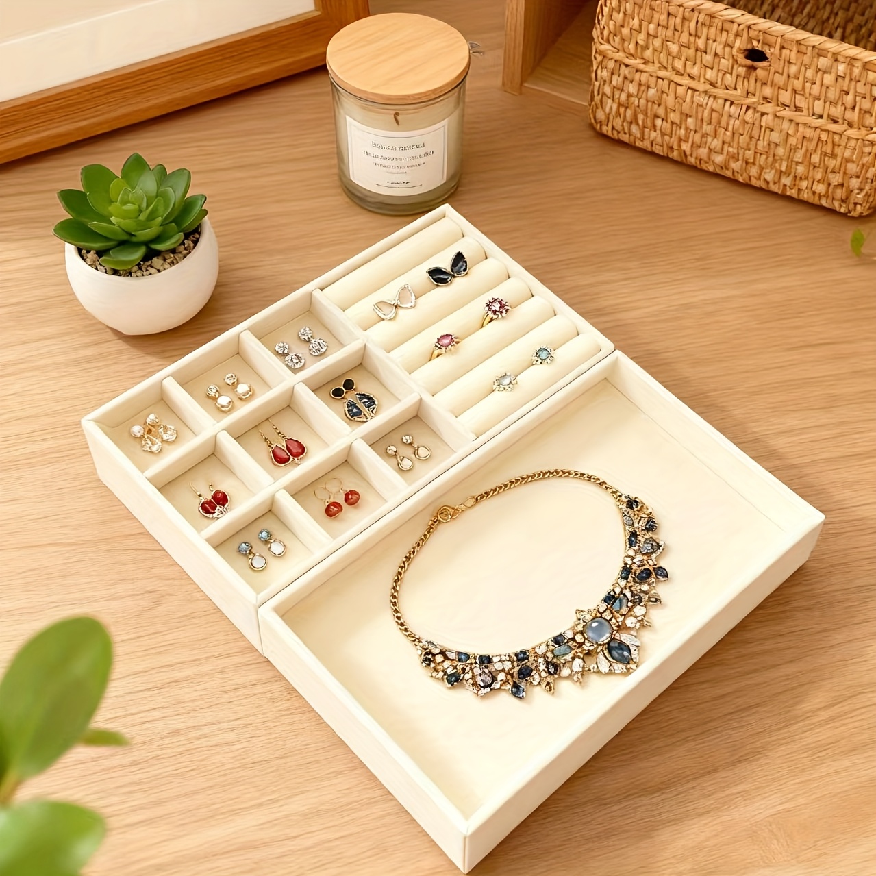 Velvet Half-Visible Jewelry Tray Set Includes Three Pieces