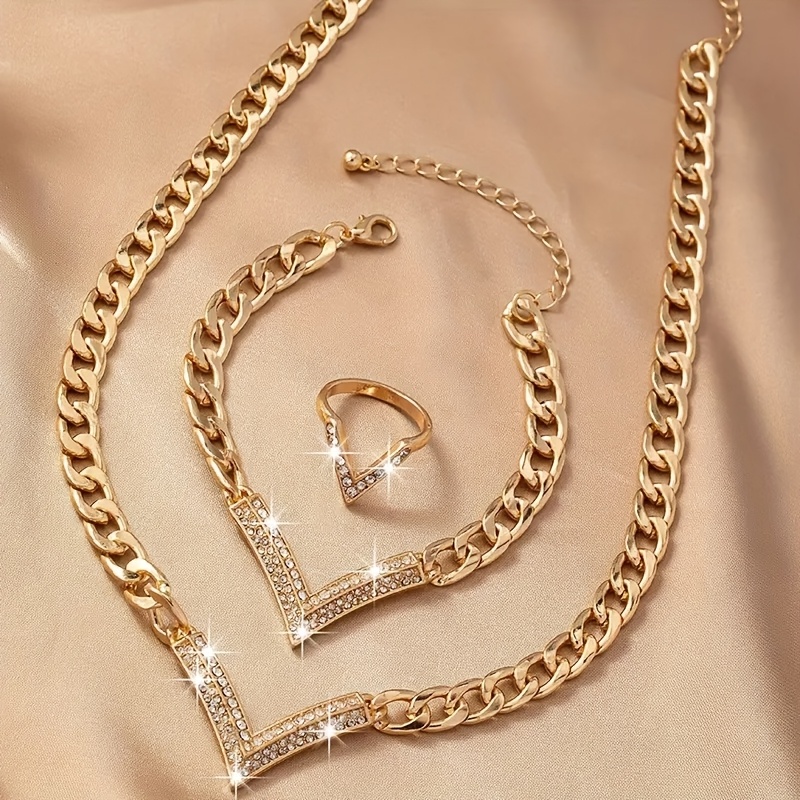 TEMU Juego de Joyería 3 Piezas con Collar en V - Conjunto : Collar, Pulsera y Anillo - Ideal para Encanto Diario y