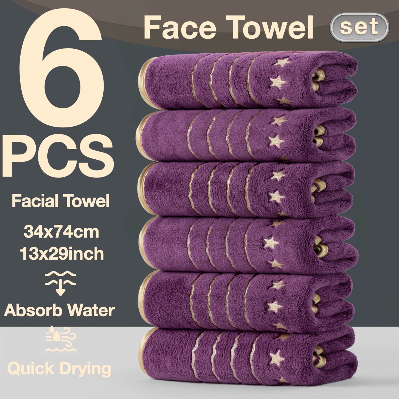 TEMU Ensemble de 6 serviettes d'extérieur à bordure dorée, à séchage rapide et absorbantes, 74 x , brodées, style étoiles facile, parfaites pour les