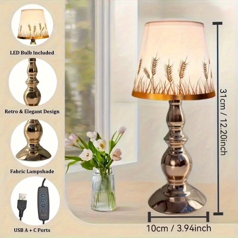 Dimmable USB Lamp with Metal Base and Cloth Wheat Shade
