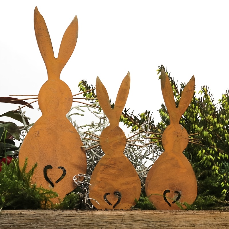 

3pcs Easter Rustic Metal Bunny Garden Stakes, Vintage Yard Art Decor, Outdoor & Indoor Easter Bunny Ornaments, Universal Holiday Theme, No Electricity Needed, Metal Material, Stake Mounting