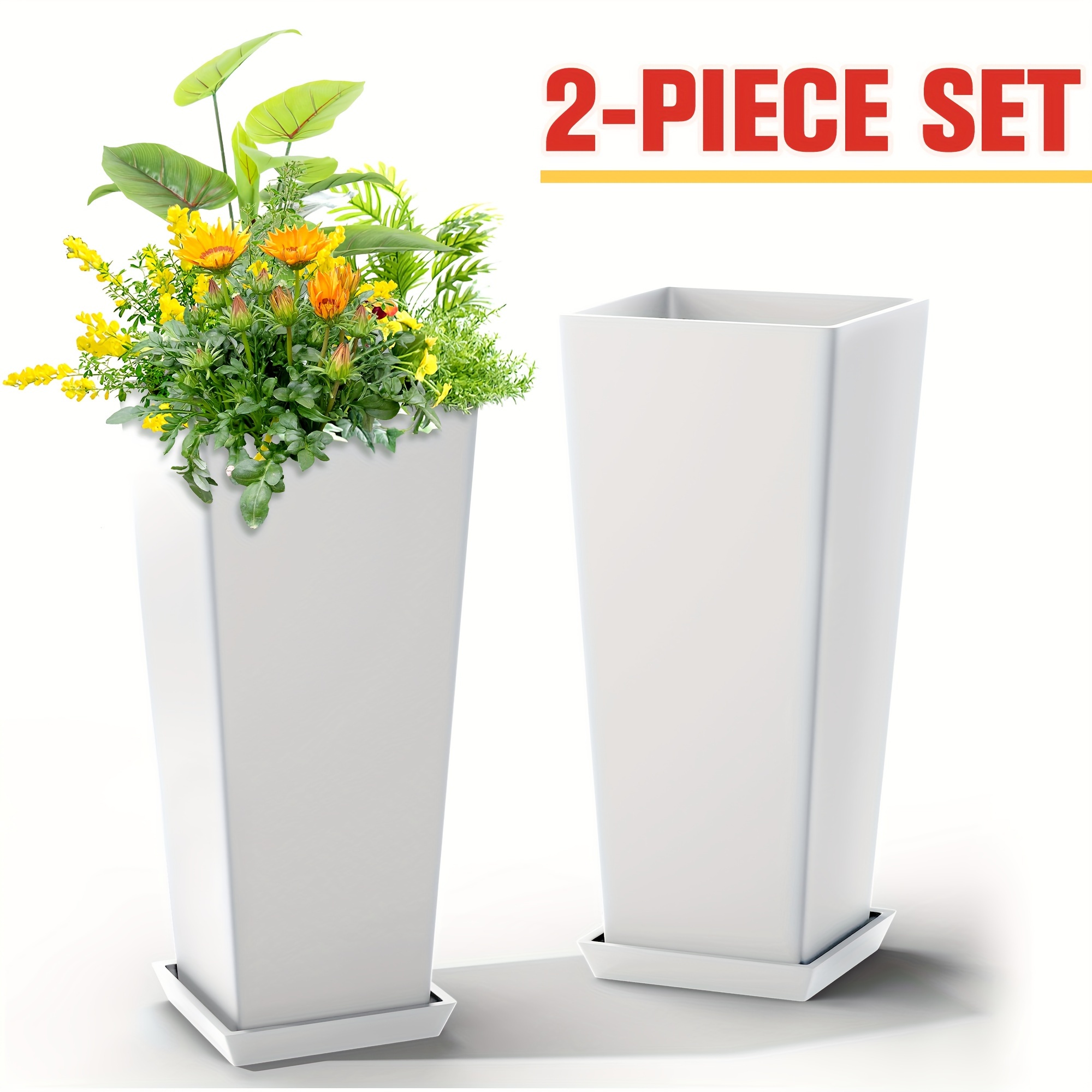 

2pcs 24" Large Planters For Indoor & Outdoor, Tall Planters With Drainage Hole, Tall Planters, Tapered Square Flower Pots With Tray For Home Garden Patio, White