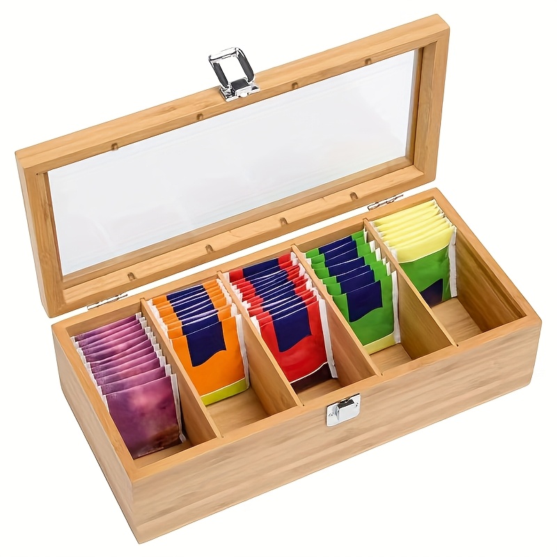 TEMU Bamboo Tea Storage Compartments With Acrylic Window - Lid Airtight Container For Tea Bags Organizer, Chinese Tea Accessories