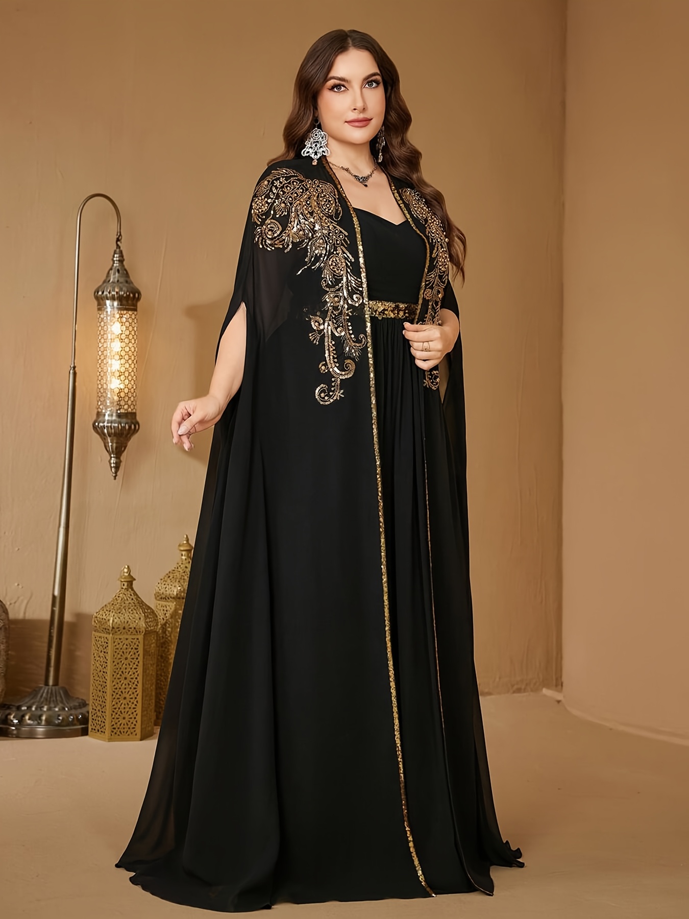 slim fit dress slacks CEM Black Chiffon Gown with Gold Belt