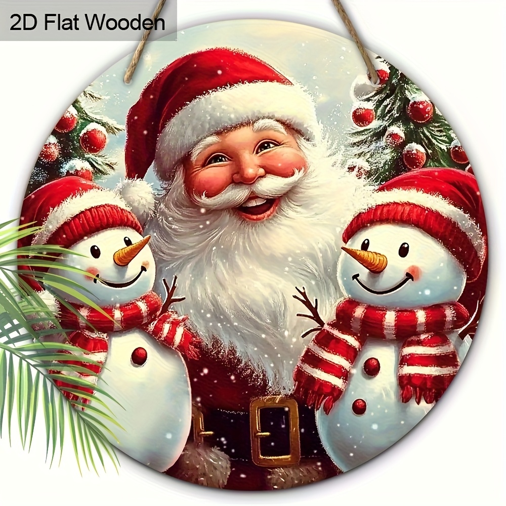 Image of 2d Flat 1pc Christmas Red Santa Claus Snowman Berry Snowflake Xmas Wood Porch Wreath Hanging Painting Home Fence Decoration, Tree Outdoor Decoration Pendant For Garden Party Supplies, 2d Flat