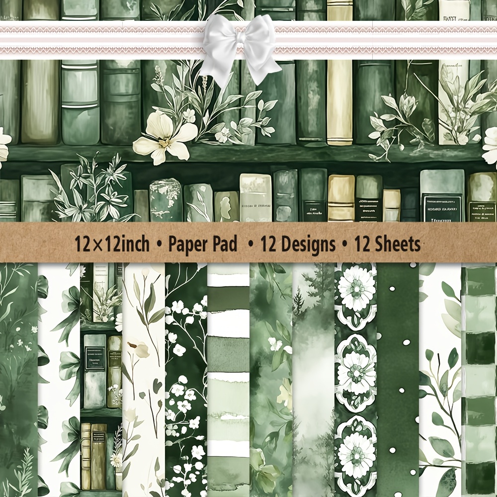 TEMU Paper 12x12 Inch 12 Sheets 12 Designs Watercolor Green Botanical Pattern Craft Paper For Scrapbooking Diy Album Journal Card Making Decorative