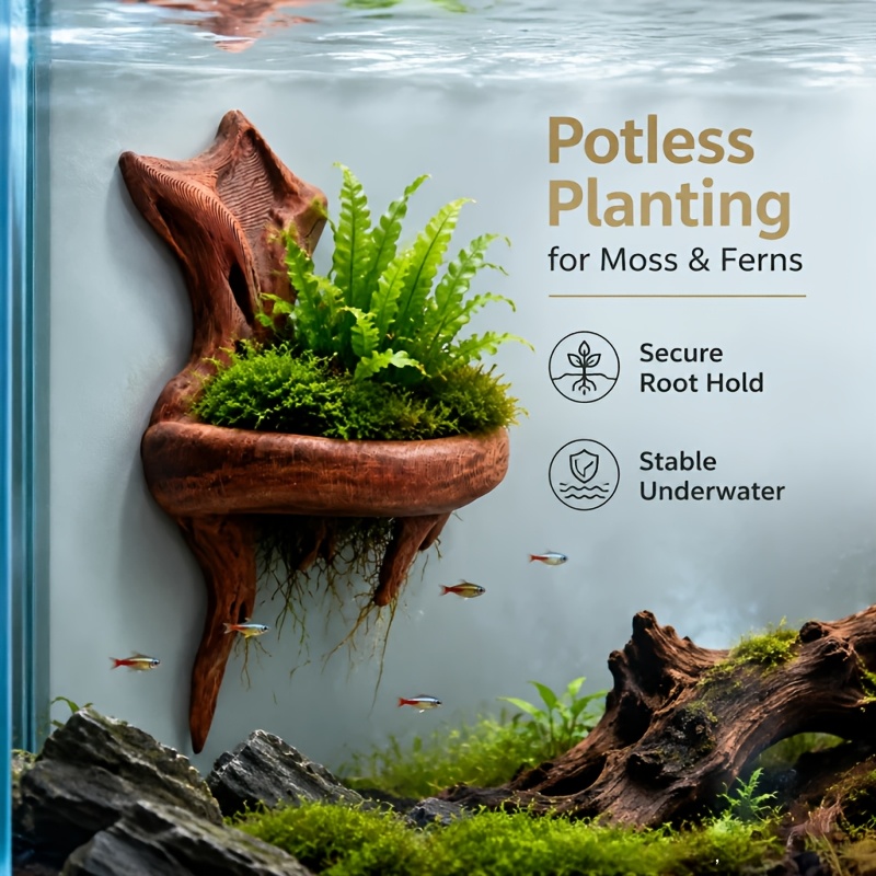 TEMU Universal Aquarium Terrarium Driftwood Style Wall-mounted Planter With Live Plants And No-pot Planting Rack, Hook Fixing Ring, And Floating,