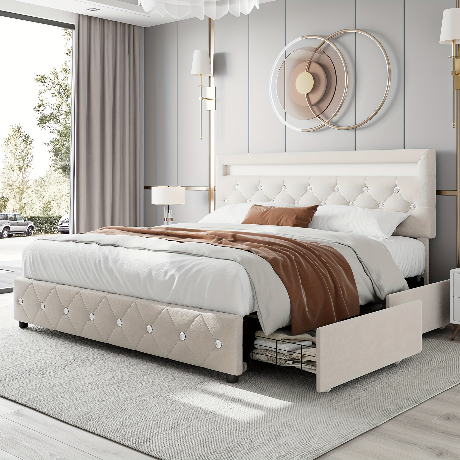 

Full/queen/king Size Upholstered Bed Frame With Adjustable Headboard And 4 Drawers, Platform Bed With Crystal Button Tufted Headboard, Spring Needed, Leather/velvet Fabric, White/black/velvet