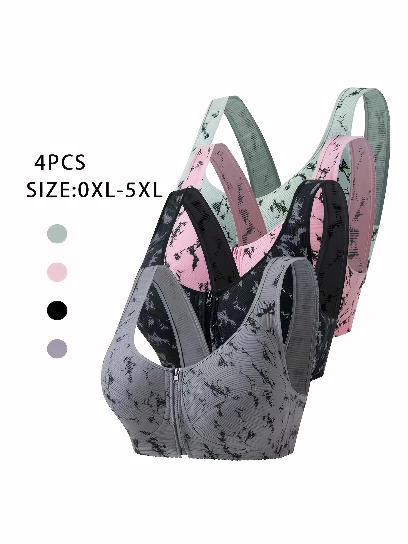 item picture 4pcs plus size wire free bras random print comfortable and breathable underwear front zipper design for easy  