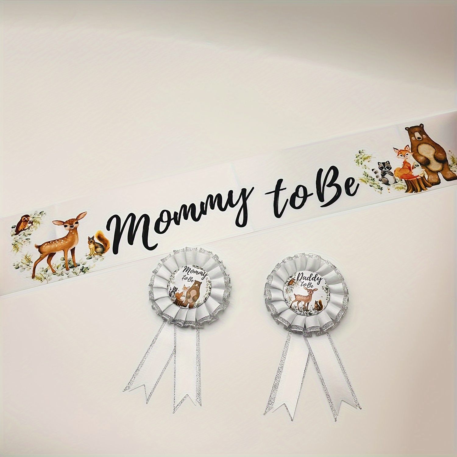 

3-piece Woodland Animals Baby Shower Decor Set - Personalized Sash & Daddy Badge, Gender Reveal Party Ribbons, Non-electric Fabric Party Supplies For Memorable Photo Props