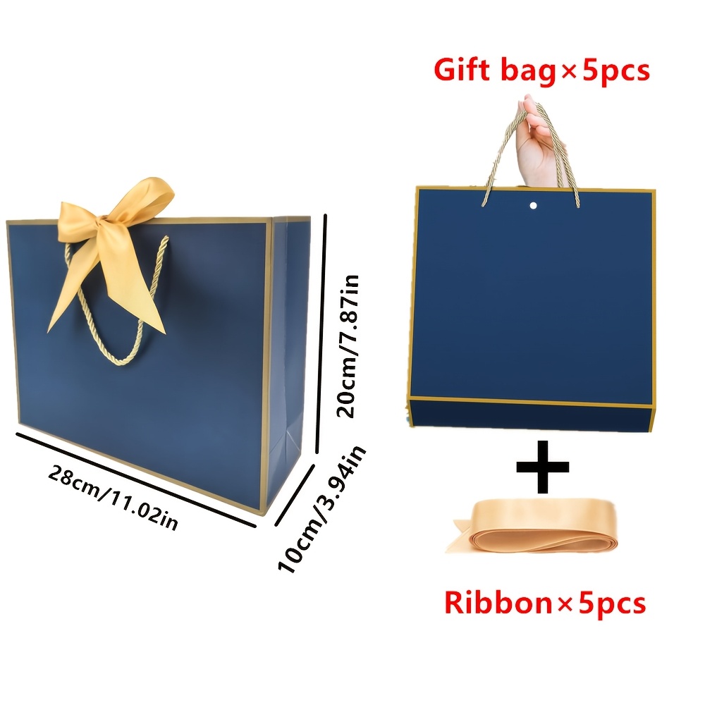 TEMU Gift For Her/him 10pcs (5pcs Golden Ribbons + 5pcs Blue Gift Bags) Blue Gift Bags With And Handles, Paper Gift Bags, Shopping Bags, Gift Bags