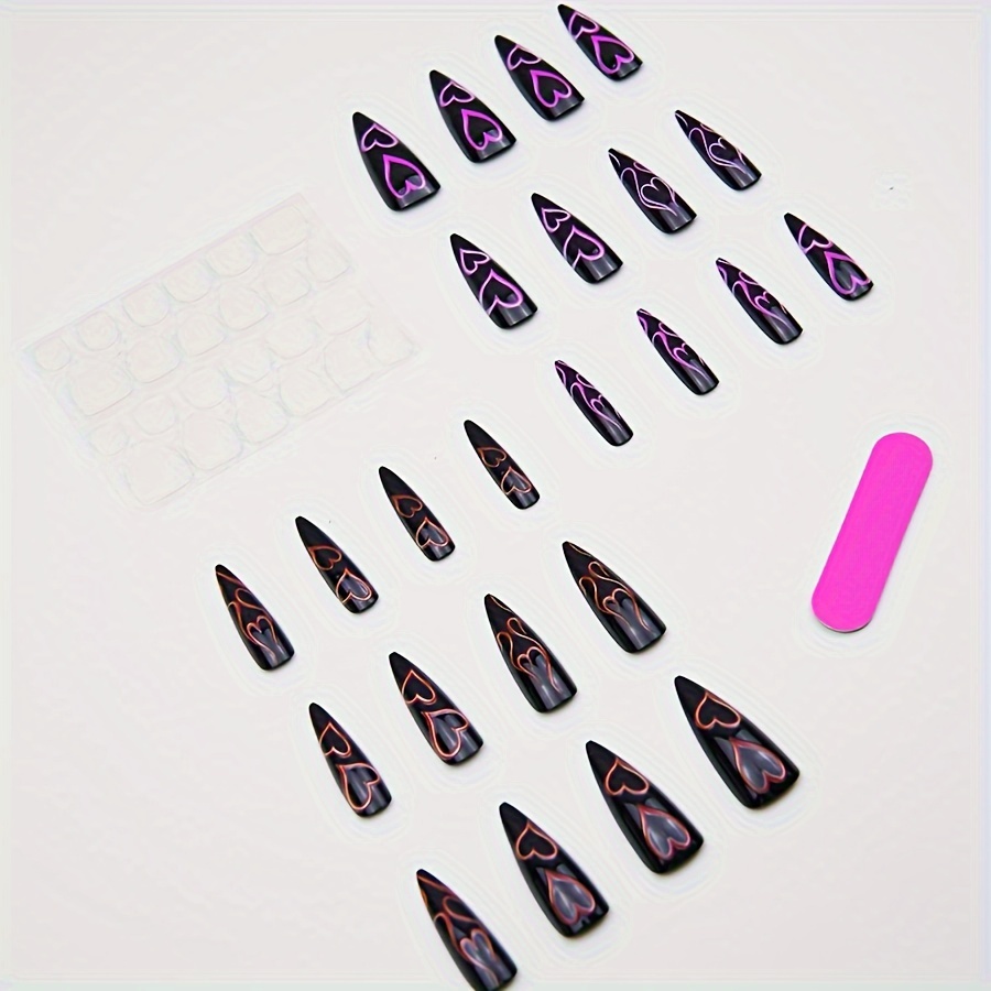 Image of 24pcs Y2k Dark Long Stiletto Heel Shape Black French Pointed Fake Nails, Press Nails With Color Love Print Design, Glossy Full Cover Fake Nails For Women And