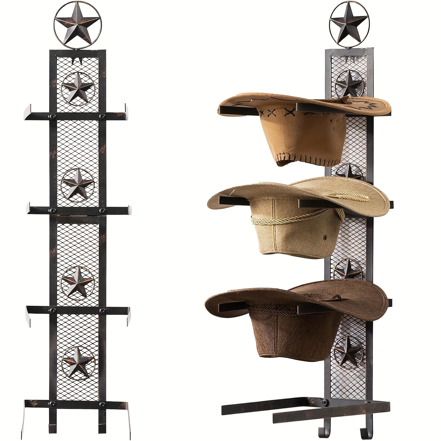 TEMU Wall-mounted Cowboy Hat Rack Featuring A Metal , Of Holding 4 Hats. This Vertical Rustic Hat Hanger Adds A Decorative Touch With Its Hook