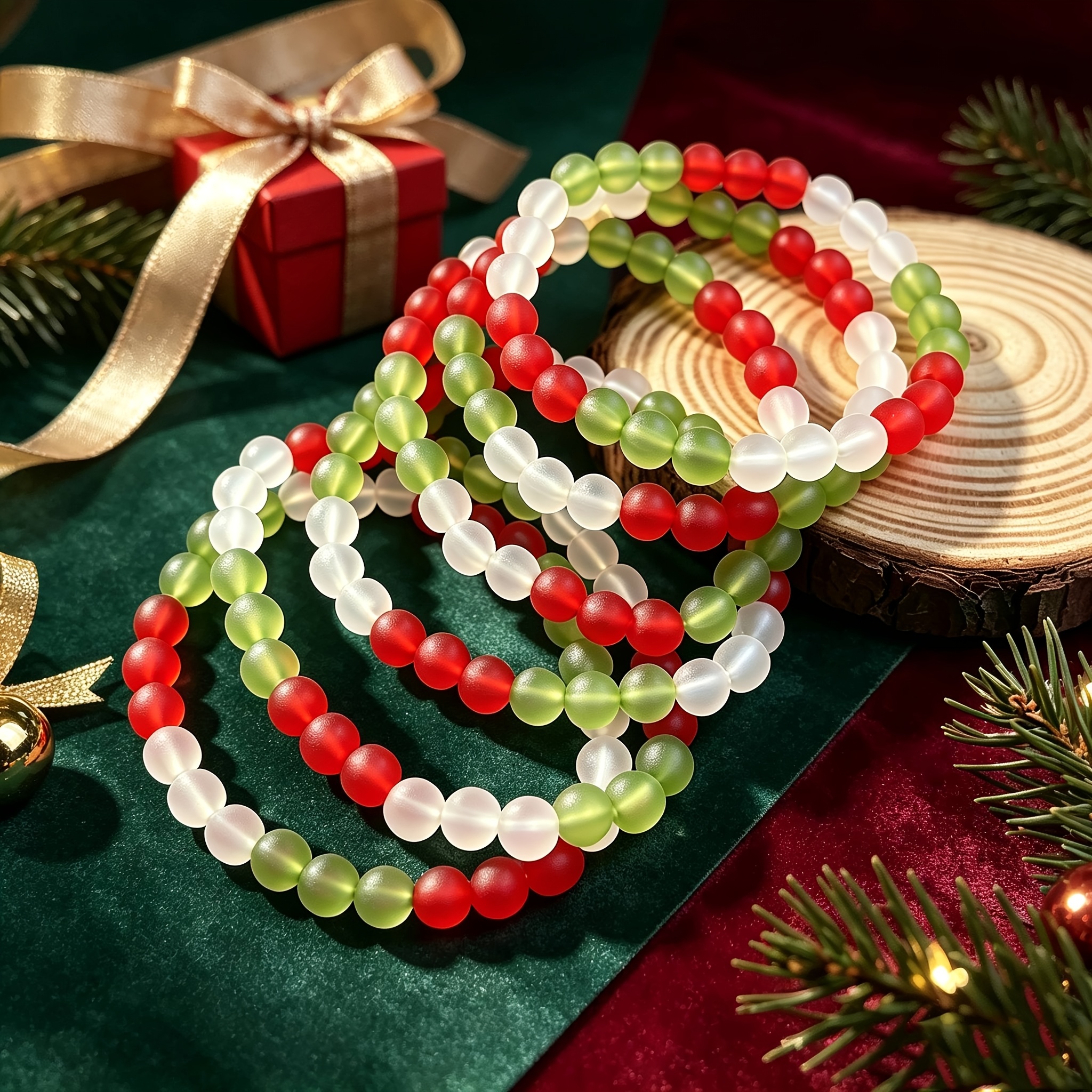 8pc Minimalist Red & Green Frosted Bead Bracelet Set