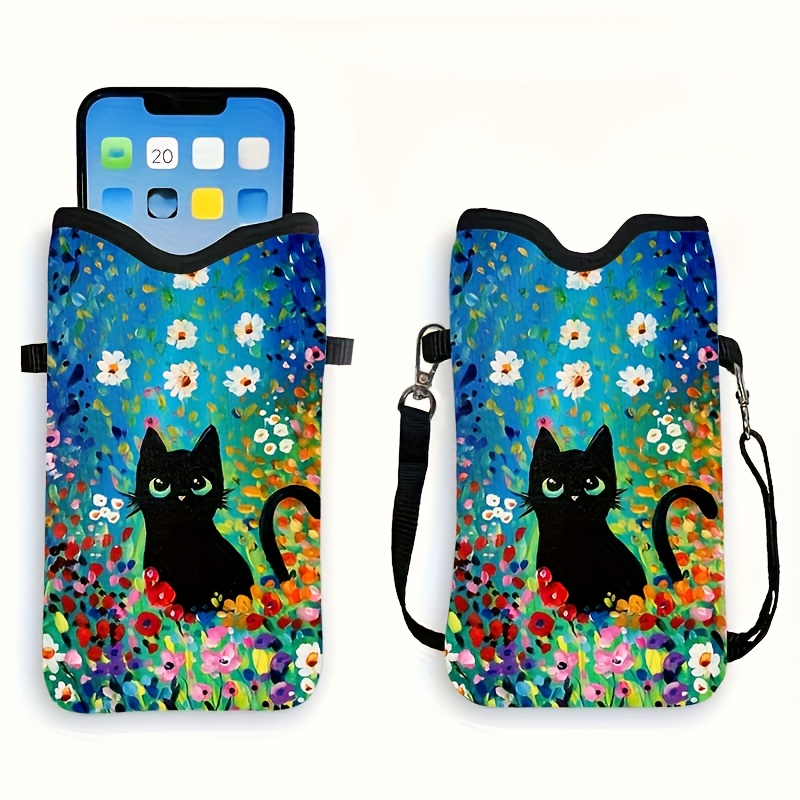Floral Black Cat Print High Quality Shockproof Phone Pouch With Adjustable Lanyard, Multi-model Women's Wallet