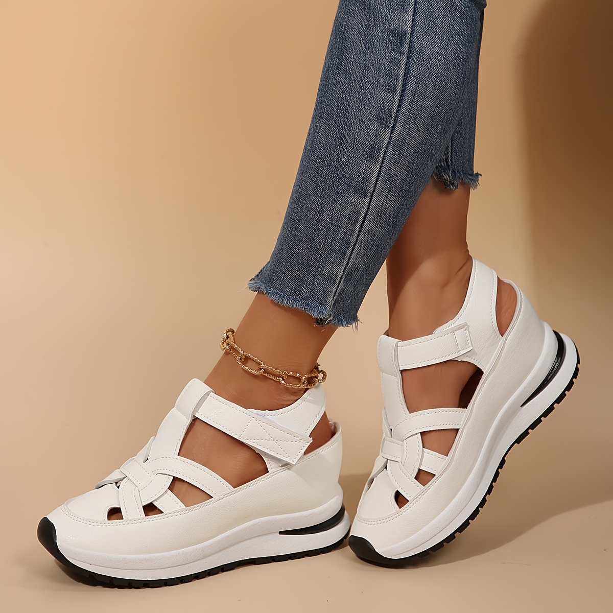 

1 Pair Women' Sandals, Comfortable Magic Tape Straps, Solid Color, Open Toe, Pu Upper/inner/insole, Tpr Sole, Beach Slip-on Shoes