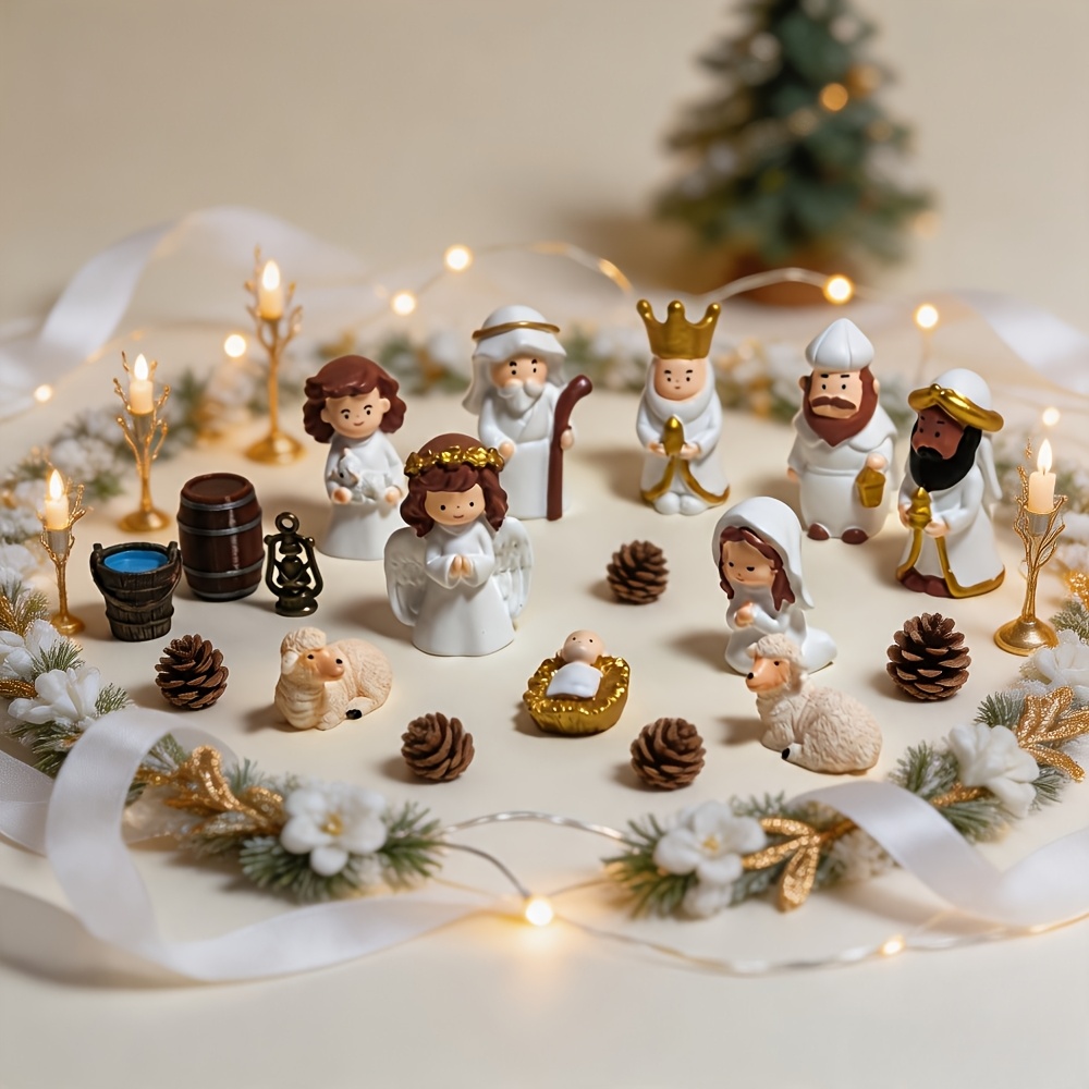 TEMU 14pcs Set (including 13pcs Ornaments And 1pc Storage Bag), Mini Q-version Birth Set, 13pcs Mini Birth Scene Decorative Models And Storage Bag,