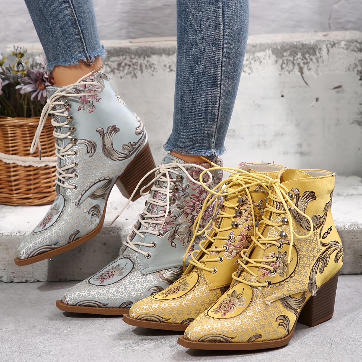 Floral Block Ankle Booties [1pc Floral Embroidered Ankle Booties - Main Image