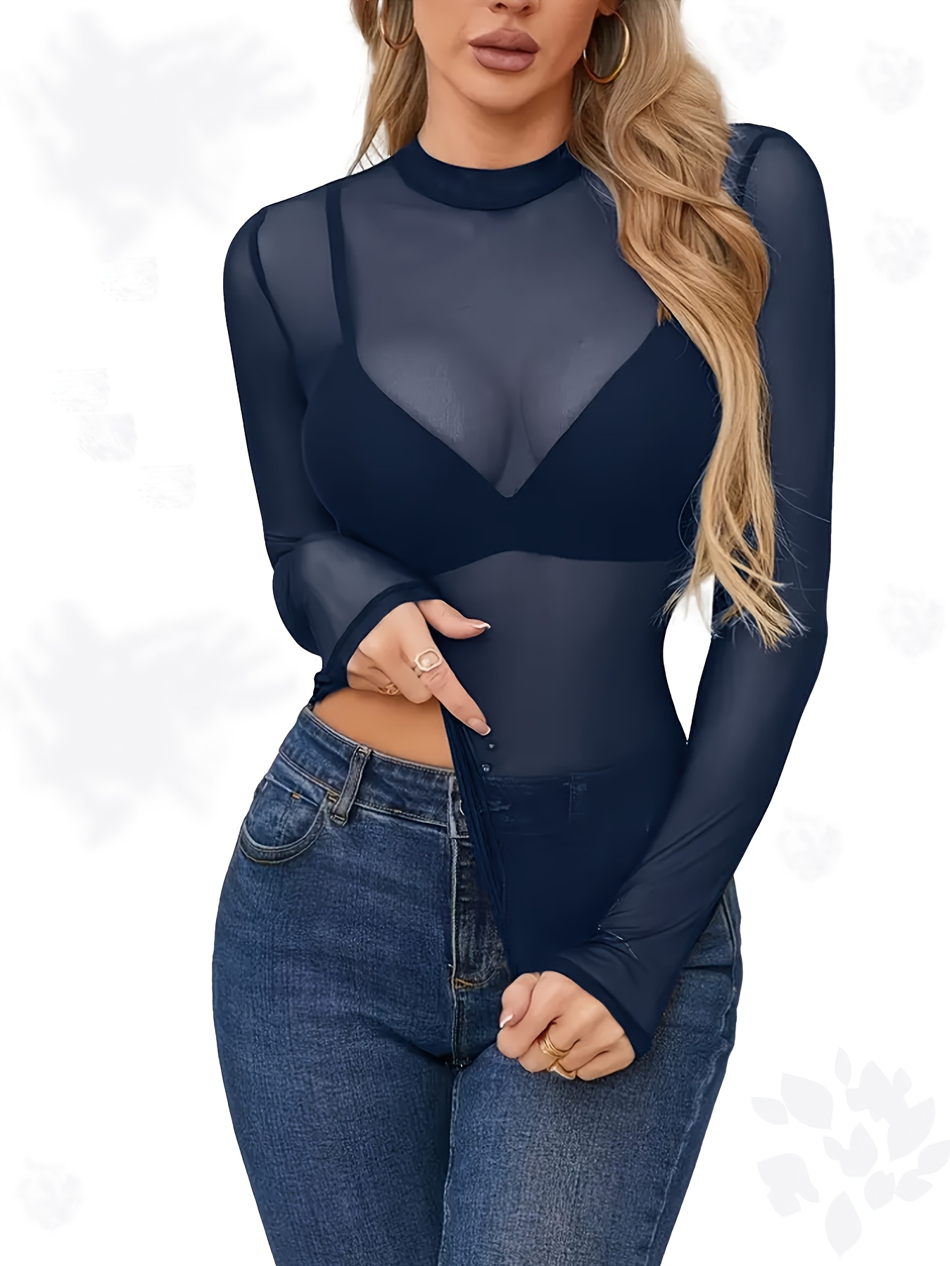 long sleeve mesh lace high neck sheer top womens sheer - Temu