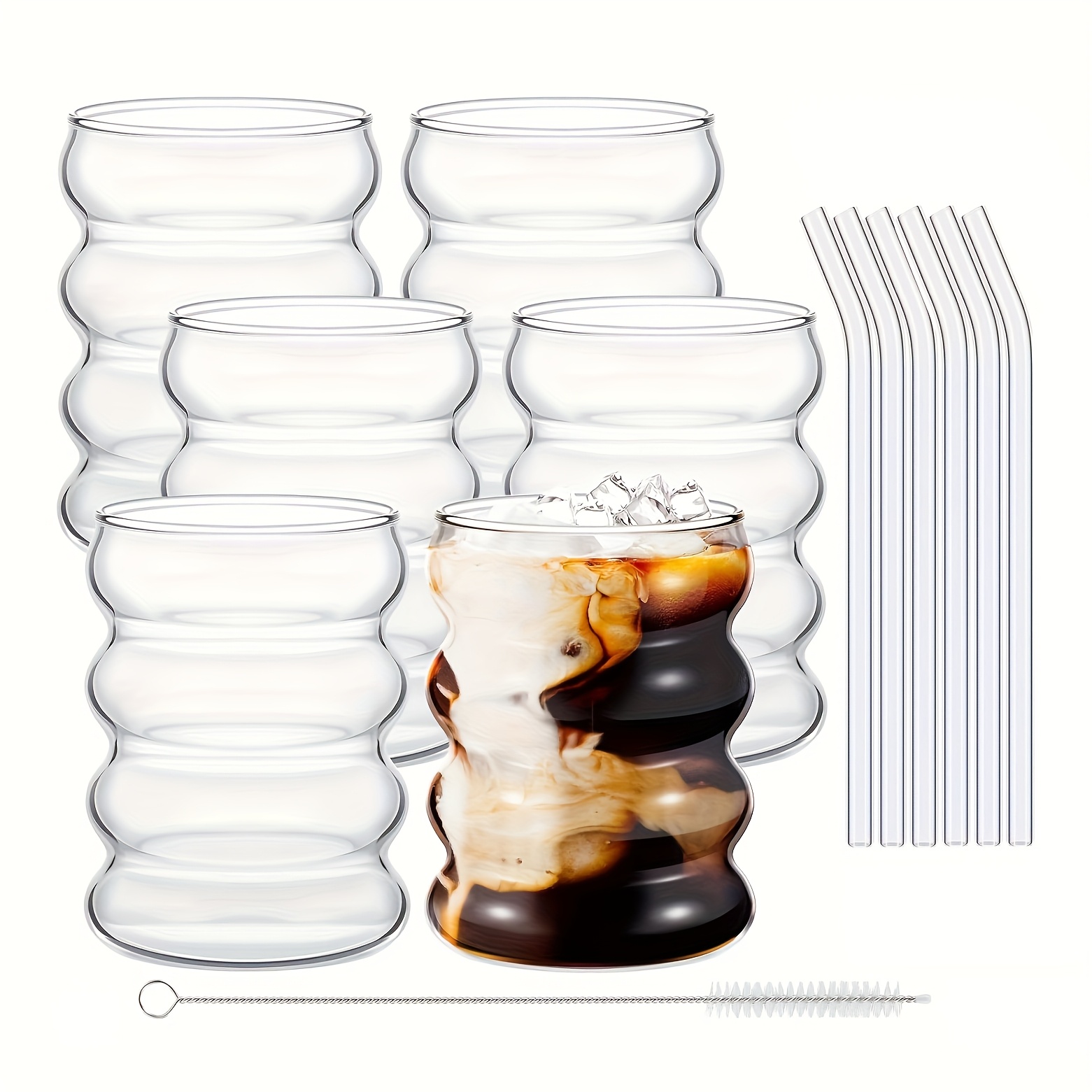 Image of 6pcs Wavy Glass Tumblers With 6pcs Glass Straws, High-temperature Resistant Circle Cups, Ideal For Iced Coffee, Milk Tea, , Perfect For Water, Soda, Beer, Tea, 330ml/11.2oz