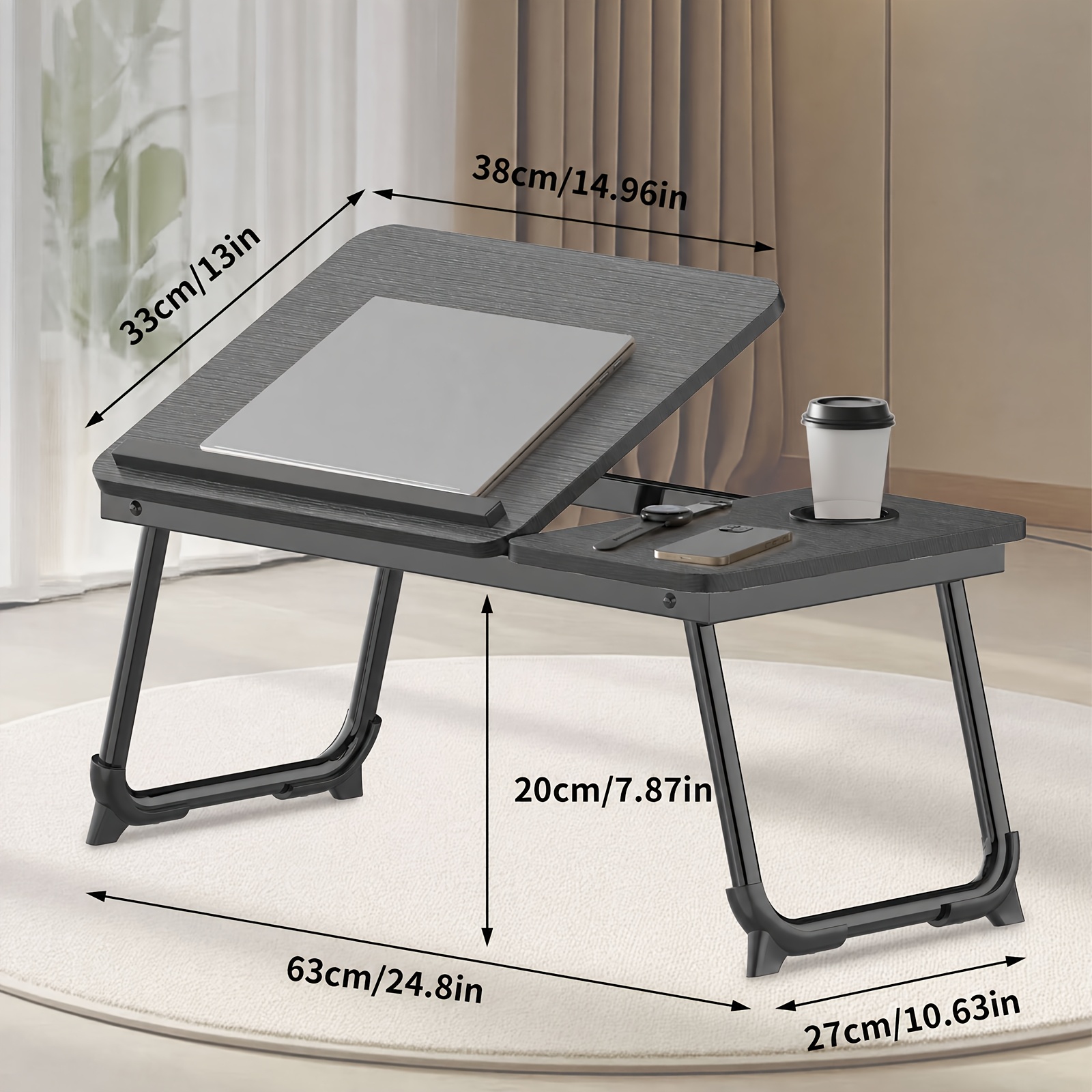 Foldable Bed Laptop Desk 63 X 27 X 33 Cm 5-level Adjustable Desktop Tilt Angle With Cup Holder Anti-slip Strip Lightweight Lap Desk For Bed, Sofa, And Home Office