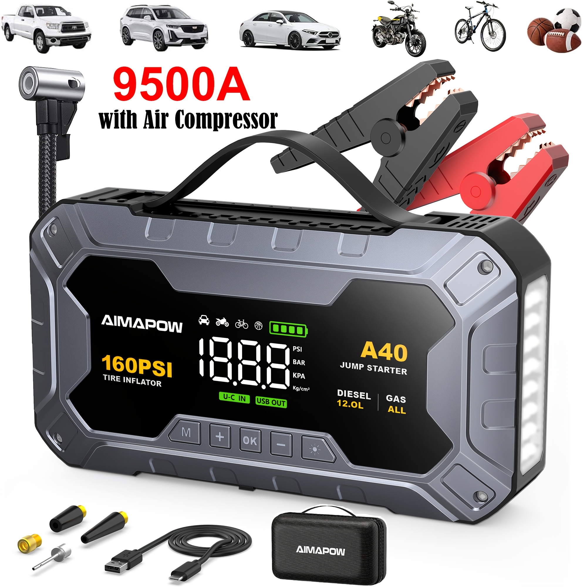 TEMU 12000a Jump Starter With Air Compressor, 160psi Portable Tire Inflator Tire Pump Air Compressor For Car Motorcycle Bike, All Gas Or 12.0l , 12v