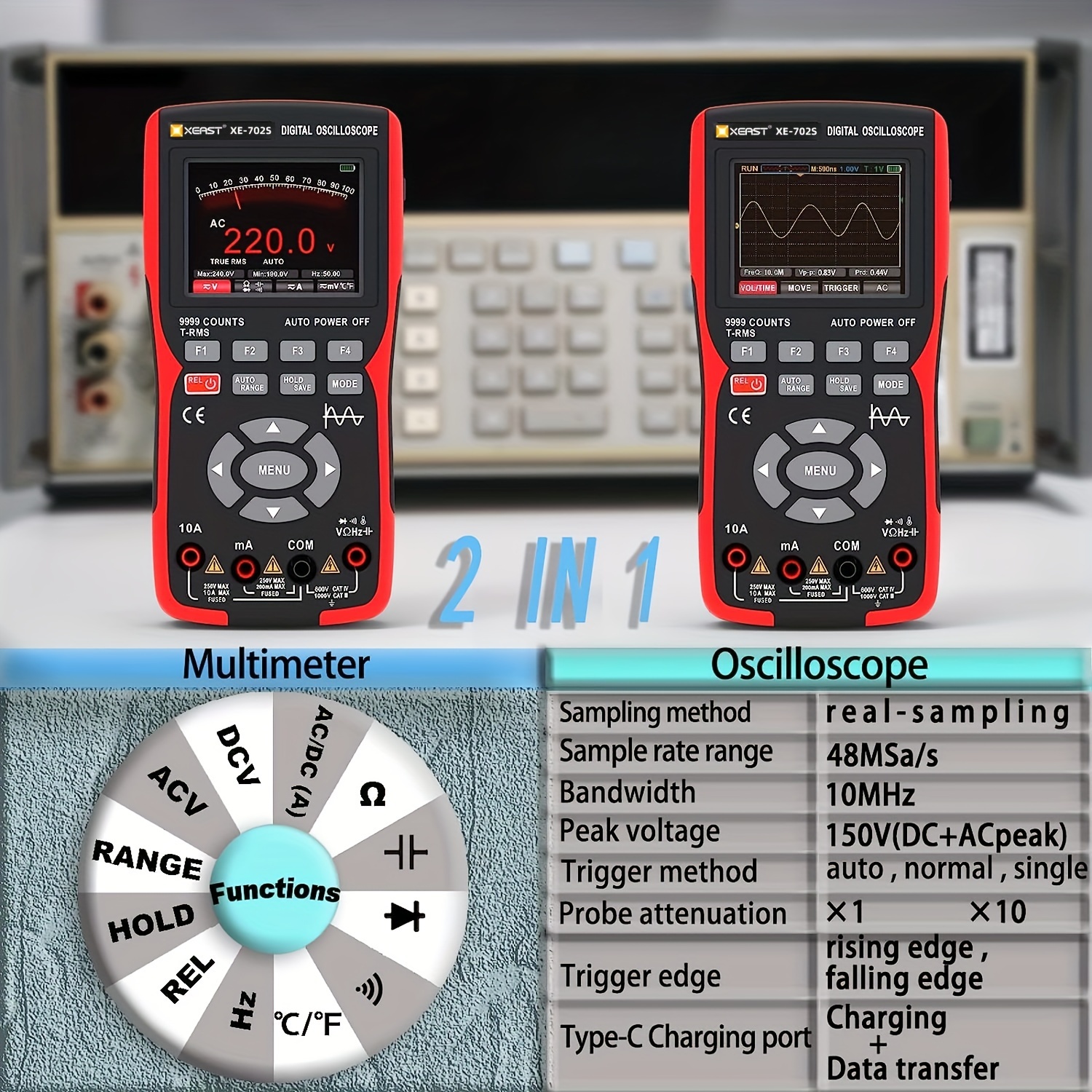 

XEAST 2 en 1 Oscilloscope numérique Multimètre Taux d'échantillonnage en temps réel 48MSa/s True RMS 1000V Testeur professionnel avec écran 2.8" Oscilloscope Multimètre