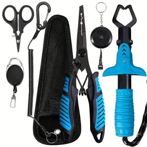 ralera 7pcs fishing tools set with hook remover resistant rust proof fishing pliers fish lip gripper fishing scissors 60 inch fish measuring tape retractable carabiner anti lost rope essential fishing gear