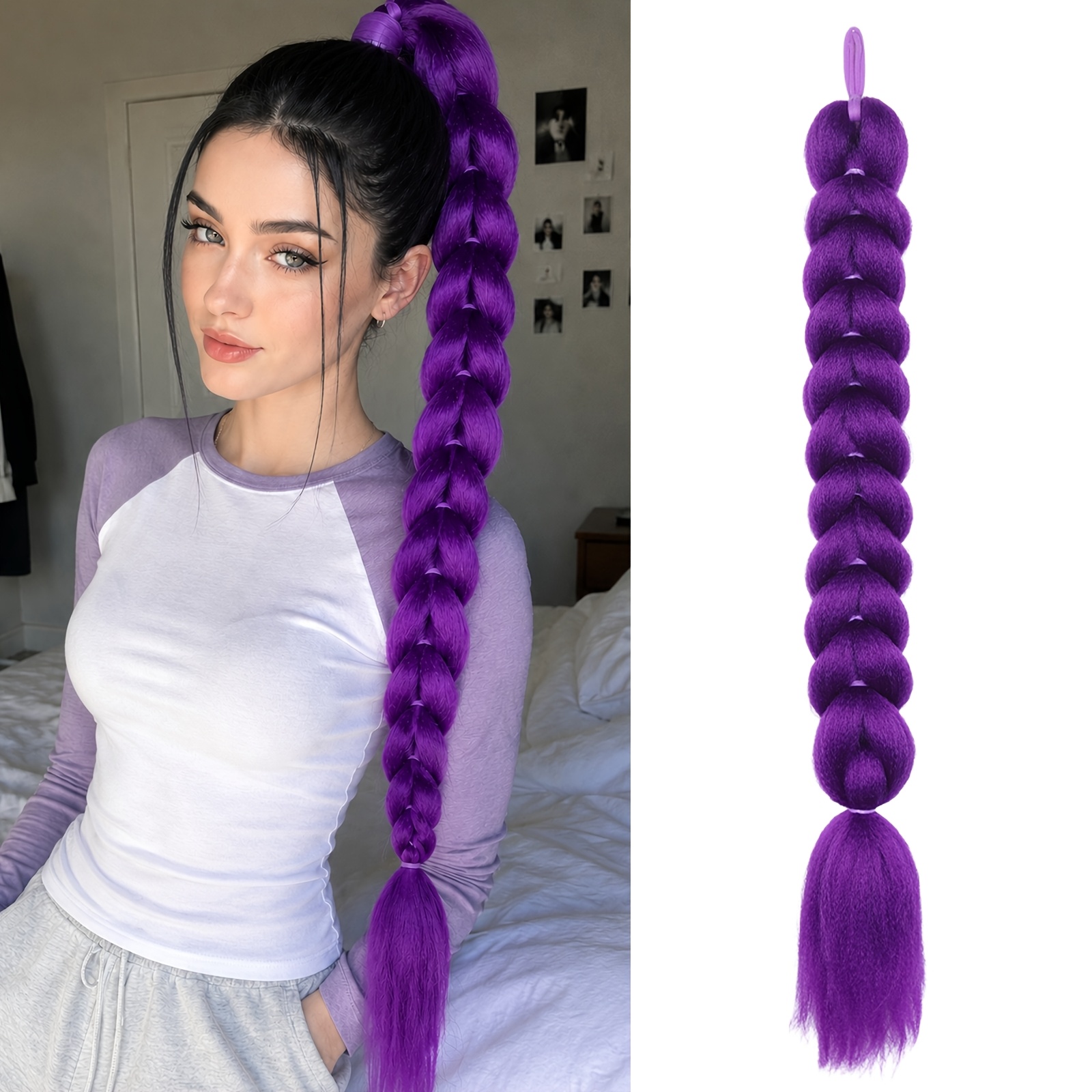 Image of 24inch Long Braided Ponytail Hair Extension, Kpop Style Purple Braided Ponytail Wig With Elastic Band, Synthetic Hair Elastic Ponytail Hairpiece For Cosplay, For Women, For Adults