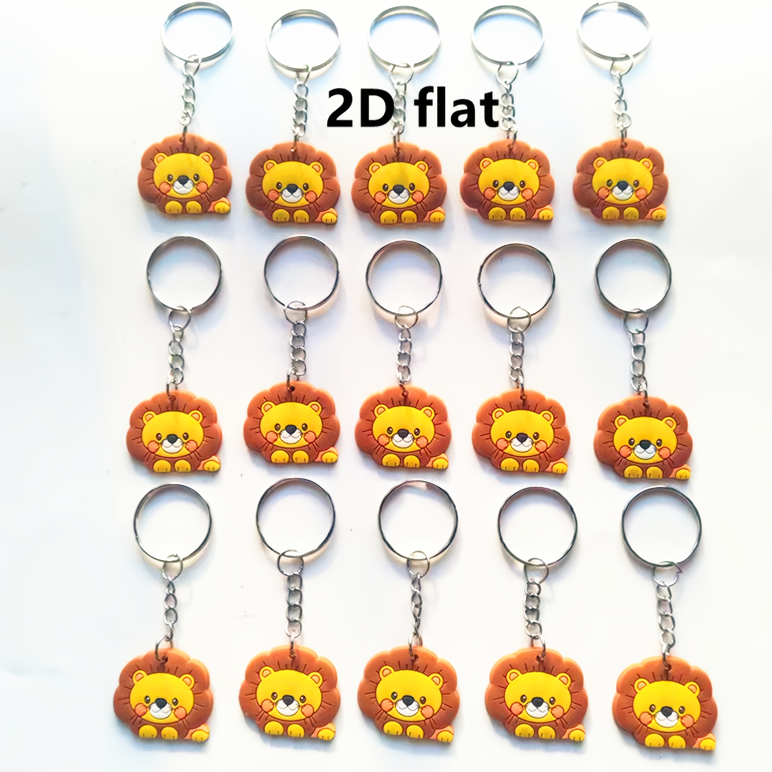 Image of 2d Flat - 15pcs Of 2d Cartoon Animal-shaped Keychains, Featuring A Cute And Silly Lion Pendant, Perfect For Bag Additions And Party Decorations Or Small Gifts