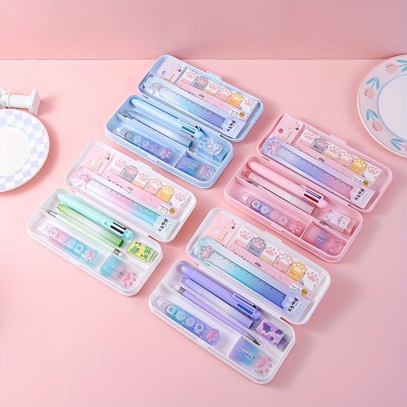 9pcs cute     stationery set   pencil case eraser highlighters and more colorful gradient design retractable pens versatile for   use office supplies   design durable plastic cute stationery Product details 0