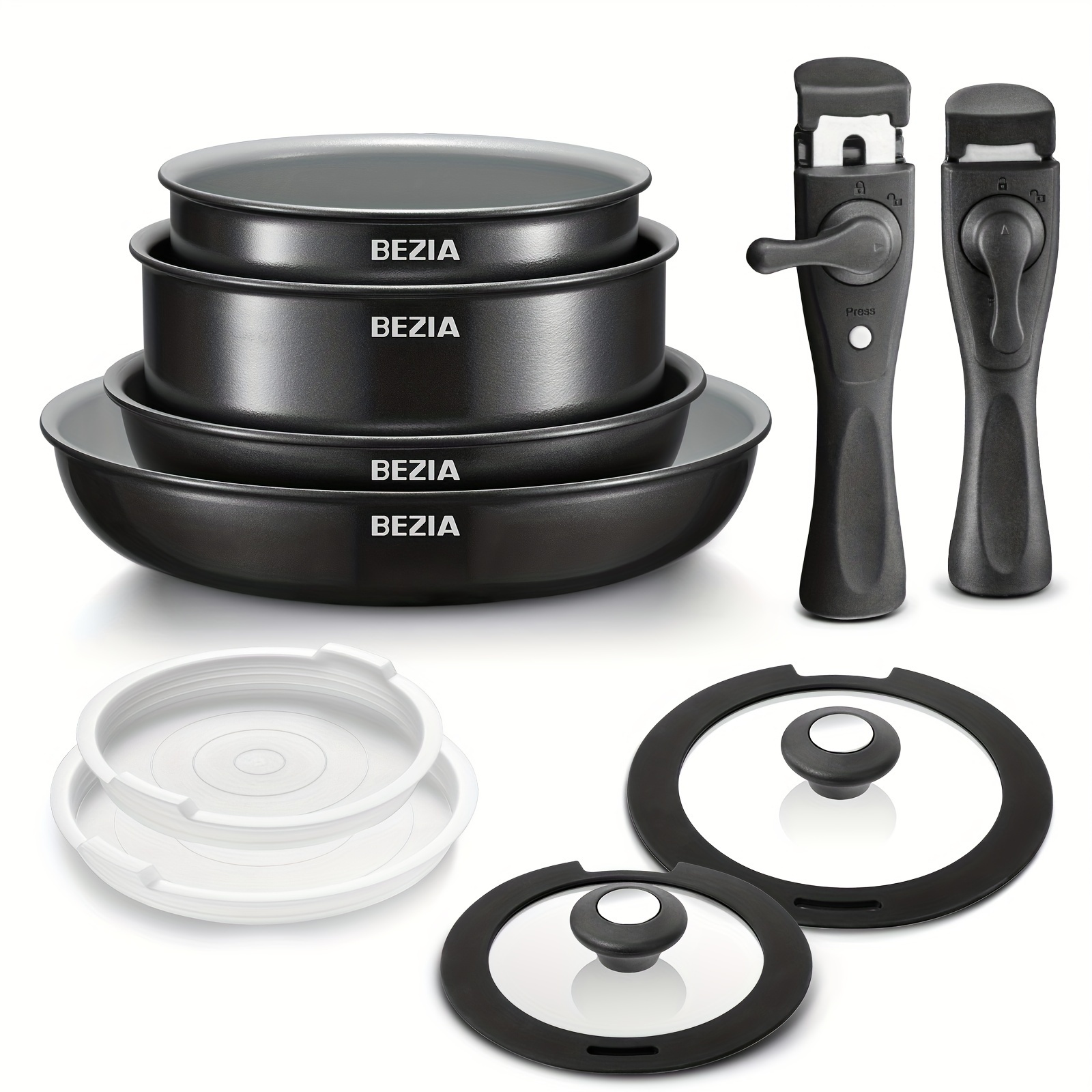 

10pcs Bezia Nonstick Ceramic Coated Cookware Set With Detachable Handles - Oven Safe, Aluminum Pots & Pans For Healthy Cooking, Includes For Sizes - Ideal For Home & Rv Kitchens, Kitchen Cookware Sets