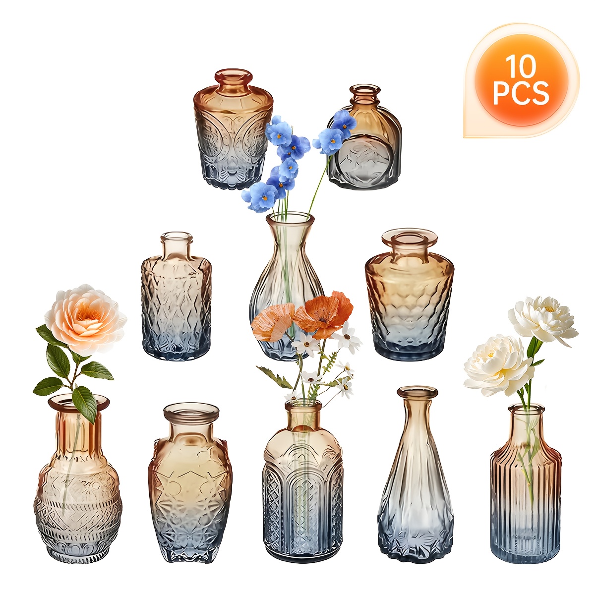 Image of 10pcs Set Transparent Embossed Glass Vases, Suitable For Floral Arrangements, Decorating Weddings, Office Desk, Living Room, Kitchen, Dining Tables, Parties, And Dinner