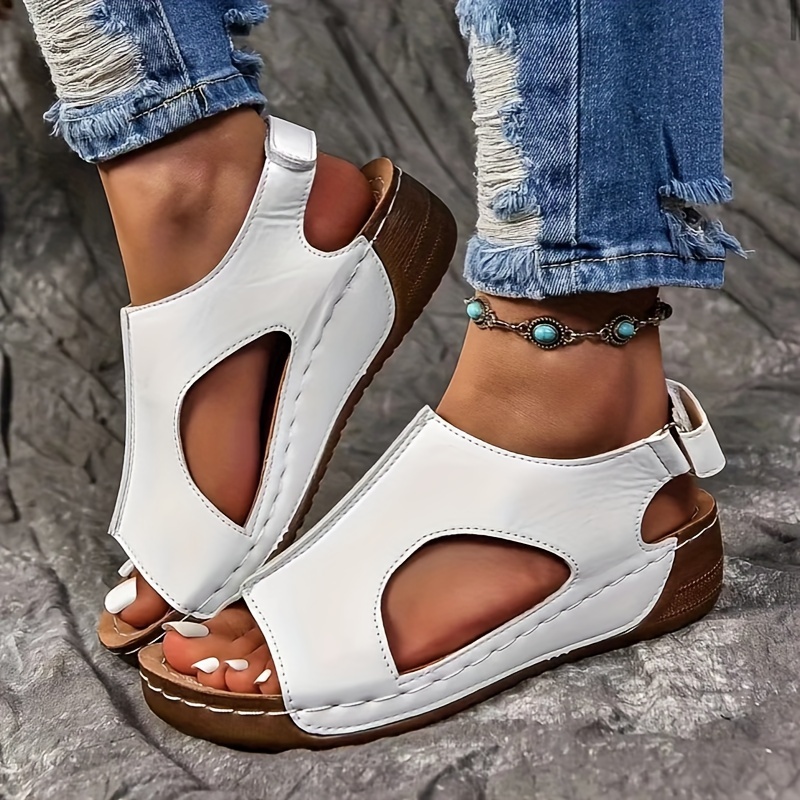 

Women's Solid Color Wedge Heeled Sandals, Casual Open Toe Platform Shoes, For Beach, Summer Comfortable Ankle Strap Sandals