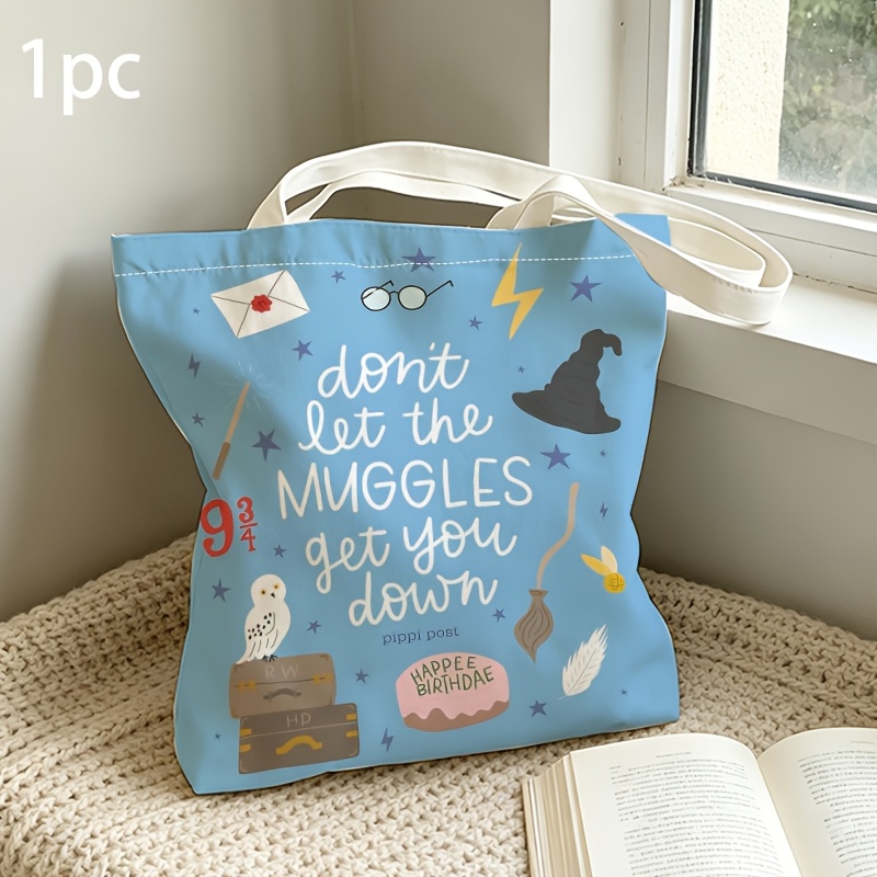TEMU 1pc Wb Harry Potter Muggle Quote Tote Bag Suitable For Vacations, Parties & - Spacious Durable Bookbag With Muggle-themed Print, Sturdy Shoulder