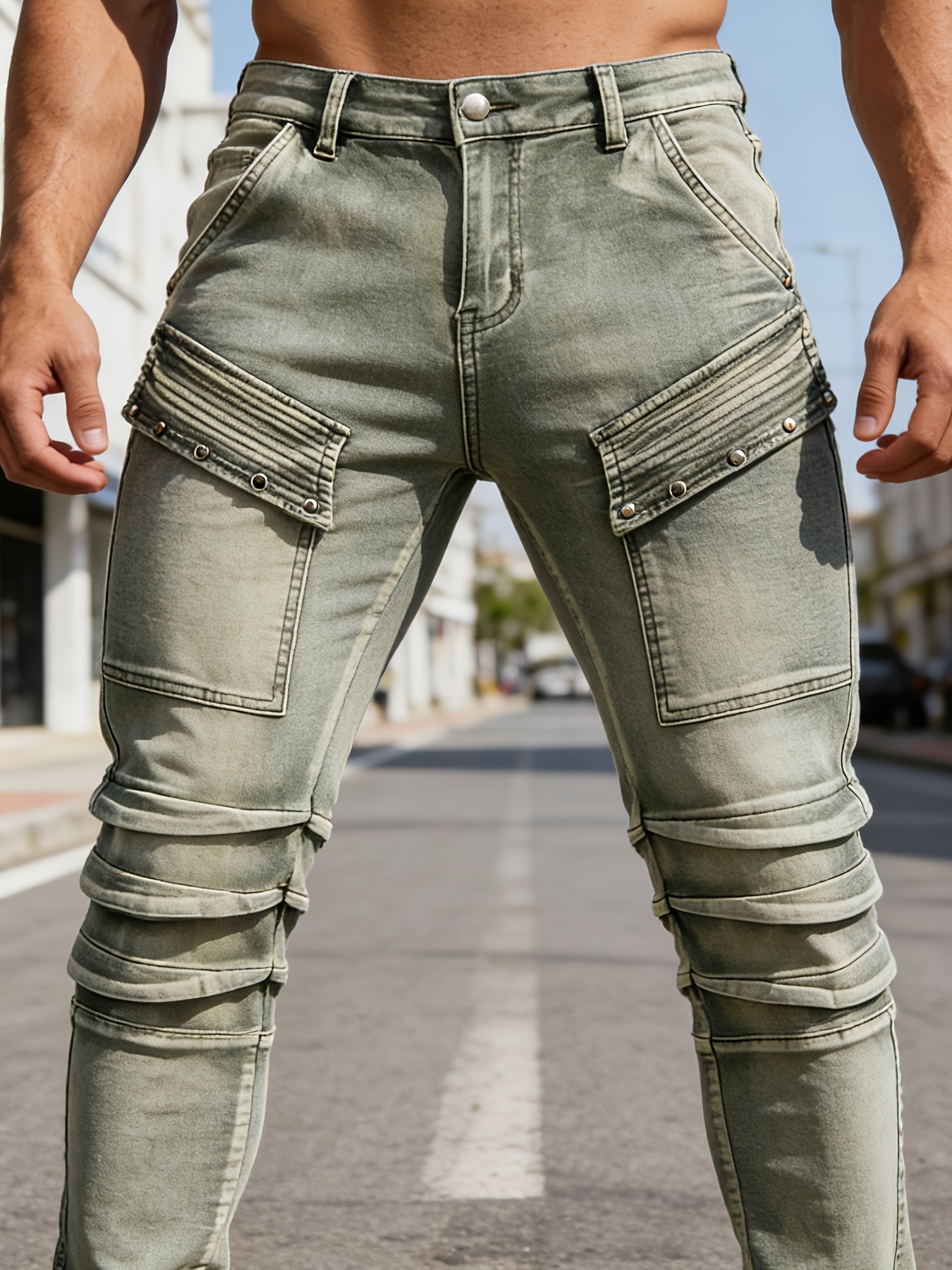 Men'S Streetwear Jeans High Street Trend Skinny Leg Olive Green Washed Stretch Denim Pants with Large Rivet Pockets Knee Pleats for Men Hip Hop Party Outfits