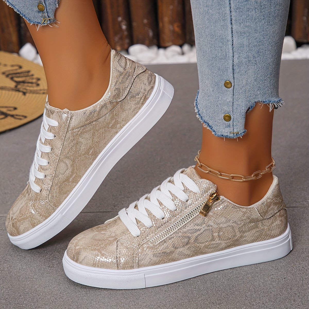 women's black snake print sneakers with zipper - casual lace-up