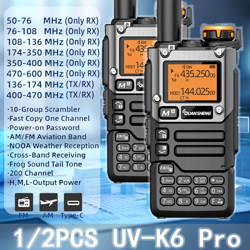 2 1pc   uv k6 pro walkie talkie air band radio type c charge uhf vhf dtmf fm     wireless frequency two way cb radio long distance