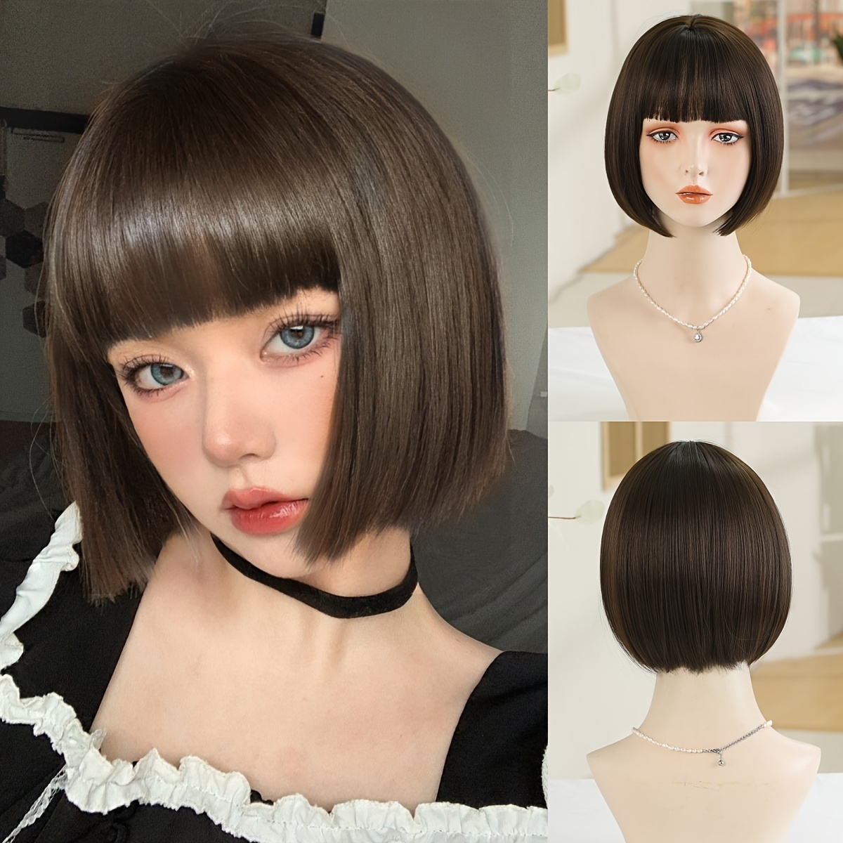 

Ladies' Short Bob Wig With Straight Hair - Silk, Cap, 150% Density, Suitable For All