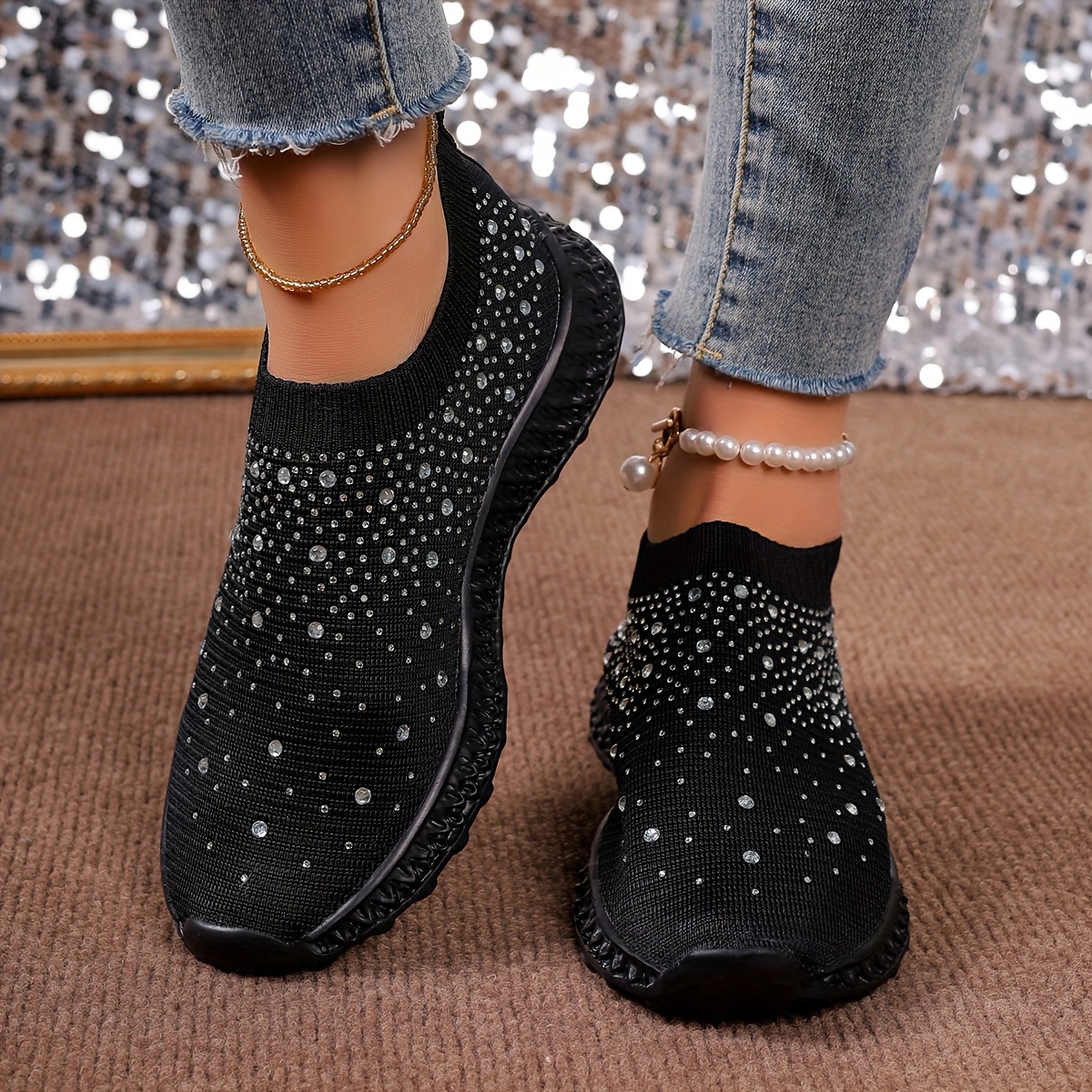 

Women's Walking Shoes, Slip-on Sneakers, Casual Comfort, Sparkling Rhinestone Embellishments, Lightweight And Breathable, Sporty Camp Shoes