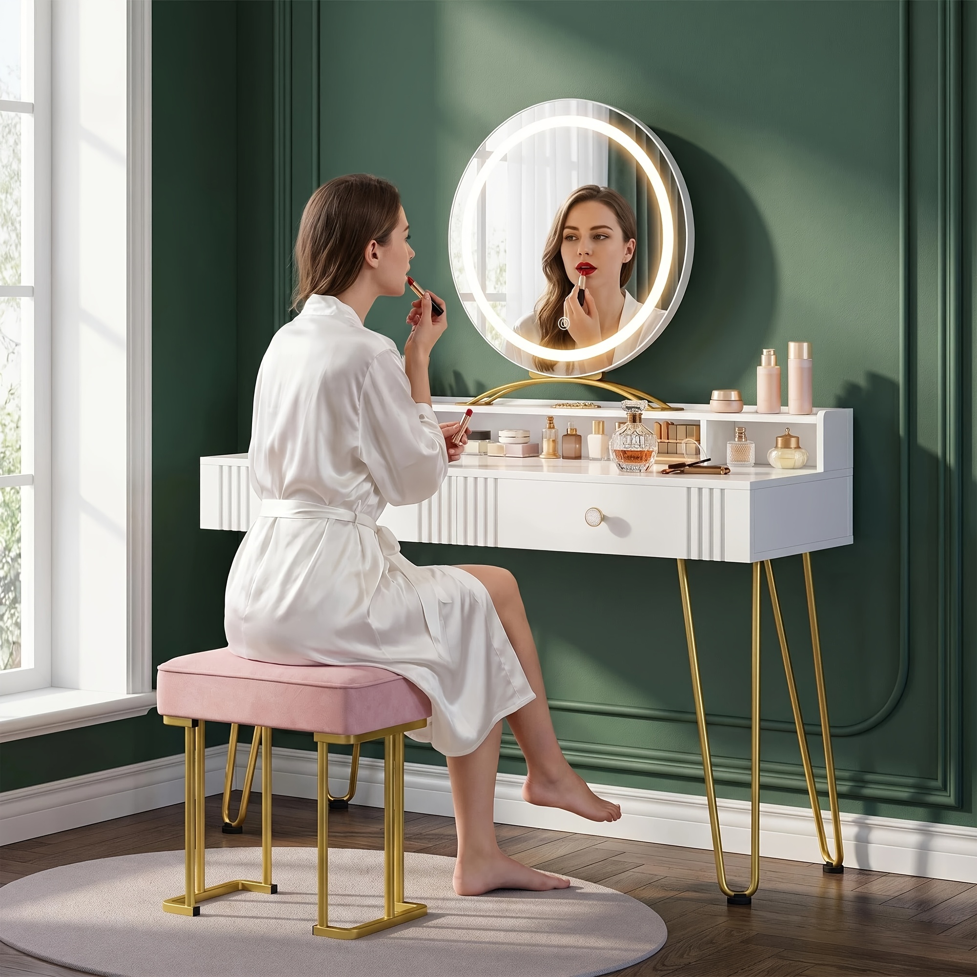 Image of Led 48cm Round Mirror Matte White Golden Vanity Table: Double Drawers With Lipstick Divider, Modern Minimalist Style With Matching Stool Set, A Dual-use Beauty Space For Bedroom And Walk-in Closet