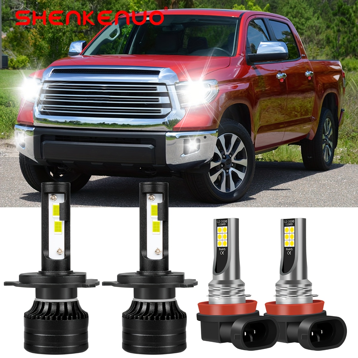 4pcs For Tundra 2014-2021 Led Headlight Bulbs Combo, H4/ Hb2/ 9003 High/ Low Beam+h11 Fog Light, 36000lm 500% Brightness 6000k White