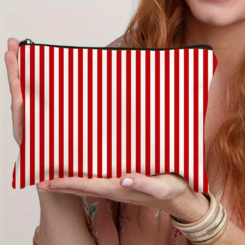TEMU Pink Striped Makeup Bag - Foldable Lightweight Travel Cosmetic Organizer, Zippered Stripe Toiletry Pouch, Women's Gift, Teacher & Friend , Small