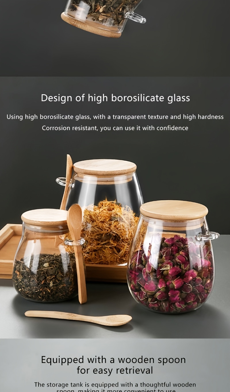 one sealed glass jar with a bamboo lid featuring a wide opening and leak proof design   with a spoon and is reusable   suitable for storing coffee beans tea   dried fruits and more   in three sizes 350ml 11 9oz 600ml 20 4oz and 1000ml 34 1oz details 1