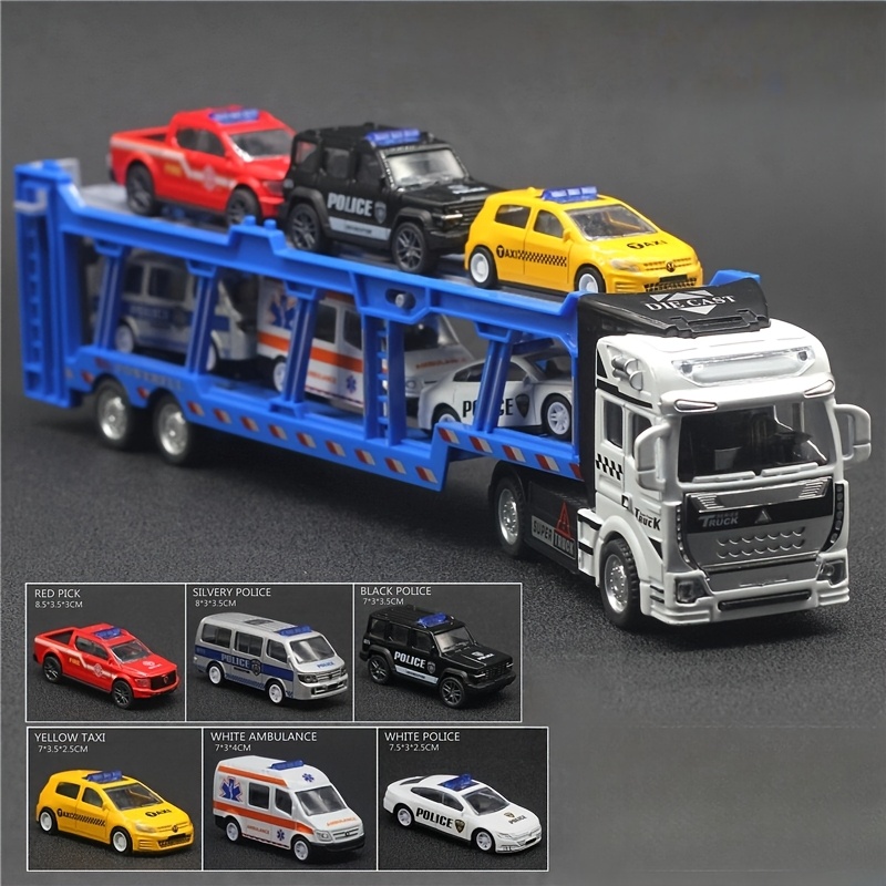 Image of An Alloy Double-decker Transport Vehicle With 6 Police Car Sets, A Large Truck Model With Rebound Function, Durable And Fun, A Perfect Gift For Toys And Models, For Gifts