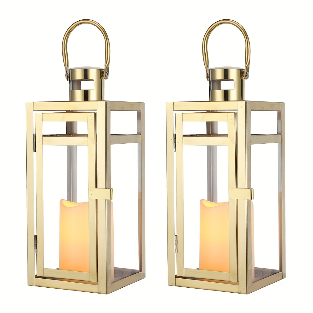Image of Stainless Steel Decorative Lantern 30cm High Metal Candle Holder With Clear Glass Panels Perfect For Home Decor Living Room Parties Events Tabletop Indoors Outdoors (golden)